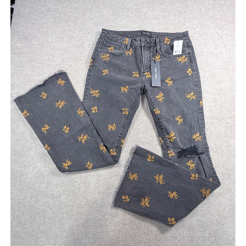 Driftwood Eva Flare Jeans Black Floral Embroidered Distressed W29